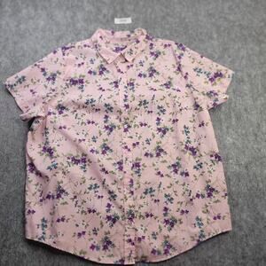 woman within button up top 1x pink Purple‎ short sleeve Floral